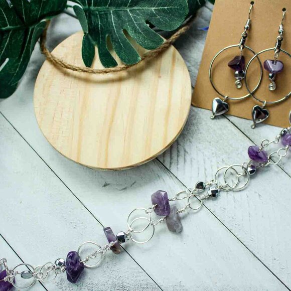 Amethyst Chip Silver Hoop Earrings & Necklace Set with Silver-Plated Heart Charm - Picture 5 of 9